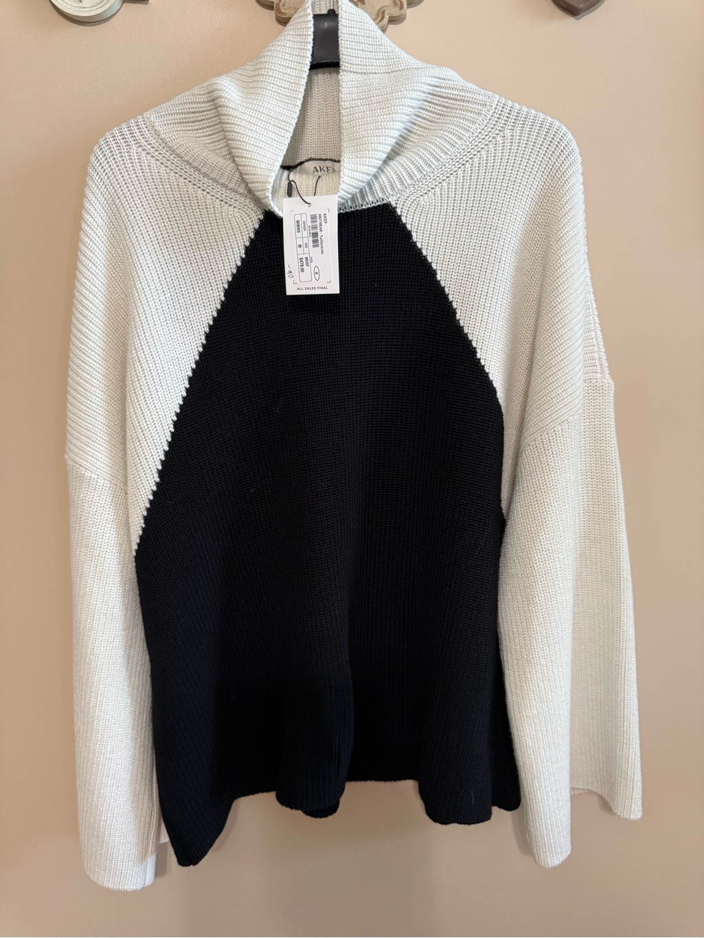 Nwt Akep Black & White Wool Turtleneck Colorblock Sweater - Women's Sz M/L